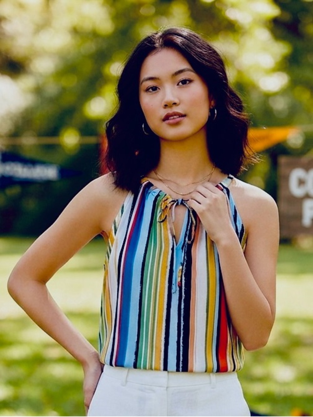 New York & Company Multicolor Vertical-Stripe Tie-Neck Camisole Sz XL
